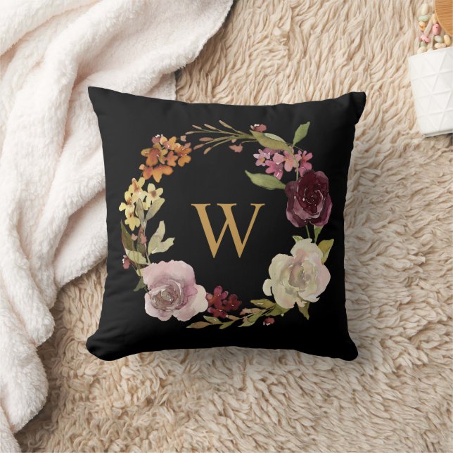 Floral Watercolor Wreath Monogram Black Throw Pillow (Blanket)