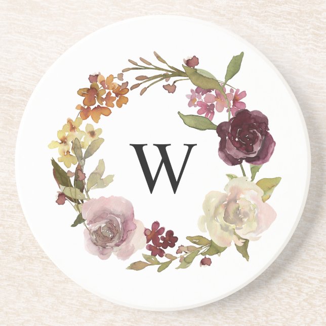 Floral Watercolor Wreath Monogram White Coaster (Front)