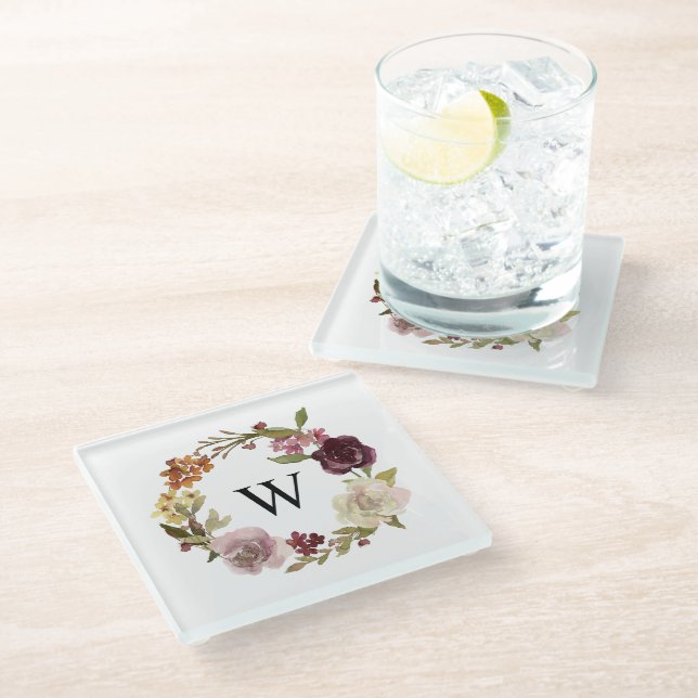 Floral Watercolor Wreath Monogram White Glass Coaster (Angled)