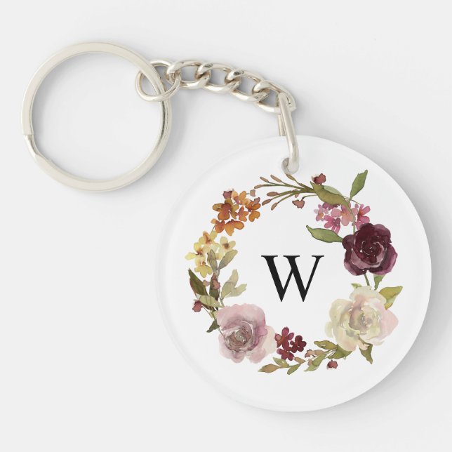 Floral Watercolor Wreath Monogram White Keychain (Front)