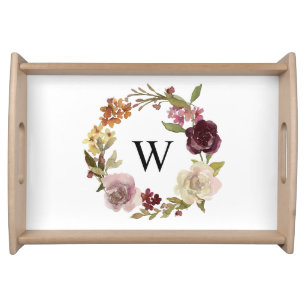 Floral Watercolor Wreath Monogram White Serving Tray