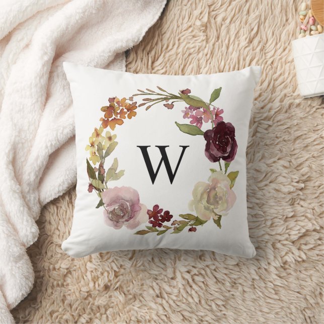 Floral Watercolor Wreath Monogram White Throw Pillow (Blanket)