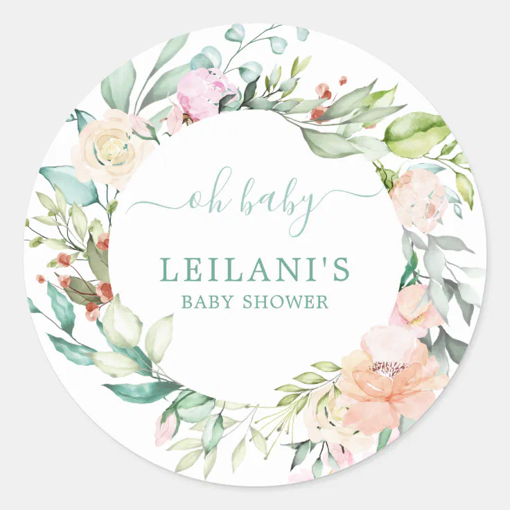 Floral Watercolor Wreath Oh Baby Baby Shower Classic Round Sticker | Zazzle