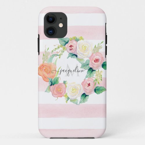 Floral Watercolor Wreath Pink White Stripe w Name iPhone 11 Case