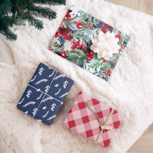Floral watercolor wreath plaid blue red christmas wrapping paper sheets