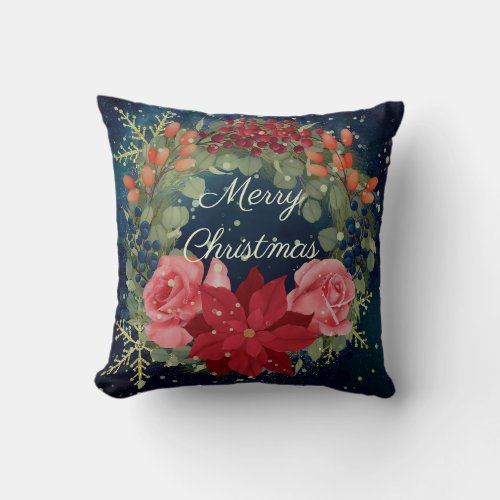 Floral watercolor wreath poinsettia and roses throw pillow