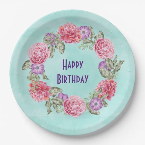 Floral Watercolor Wreath Pretty Happy Birthday Paper Plates