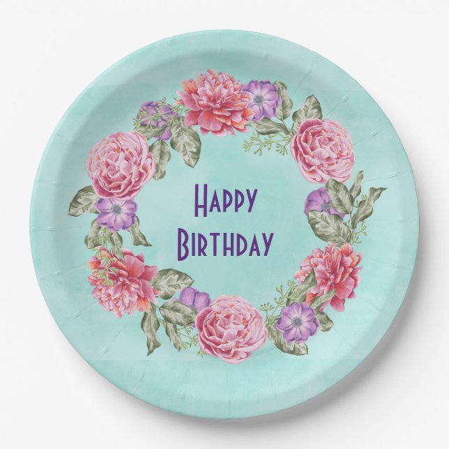 Floral Watercolor Wreath Pretty Happy Birthday Paper Plates (Front)