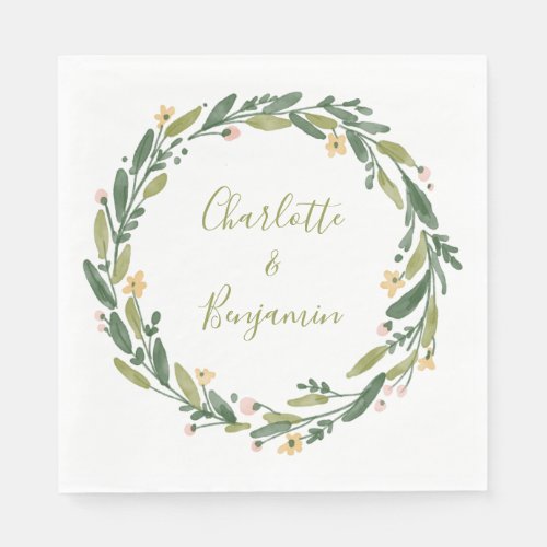 Floral Watercolor Wreath Script Custom Wedding  Napkins - Personalized wedding napkins with names in a script calligraphy inside of a green, yellow, and pink painted watercolor floral wreath.