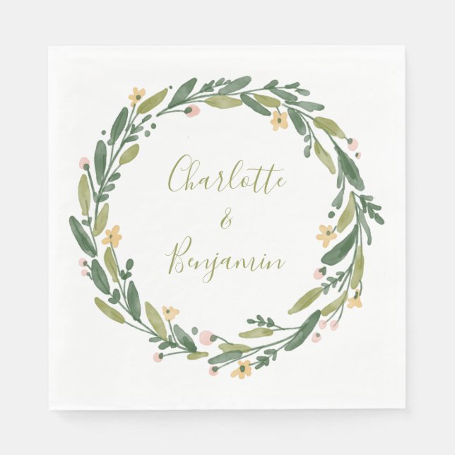 Floral Watercolor Wreath Script Custom Wedding  Napkins (Front)
