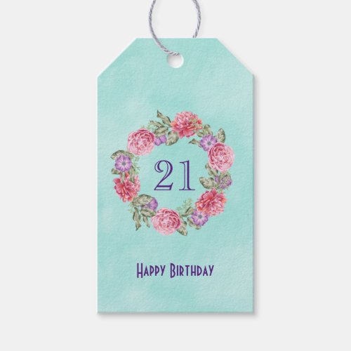 Floral Watercolor Wreath w Happy Birthday and Age Gift Tags