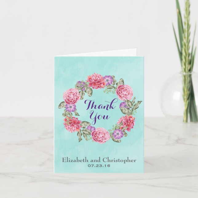 Floral Watercolor Wreath Wedding Thank You Card (Front)