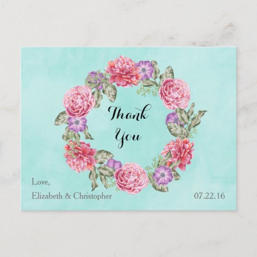 Floral Watercolor Wreath Wedding Thank You Postcard