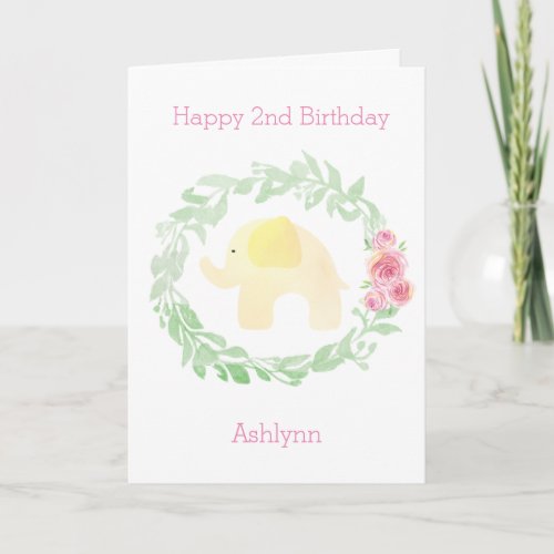 Floral Watercolor Yellow Elephant Kids Birthday Card