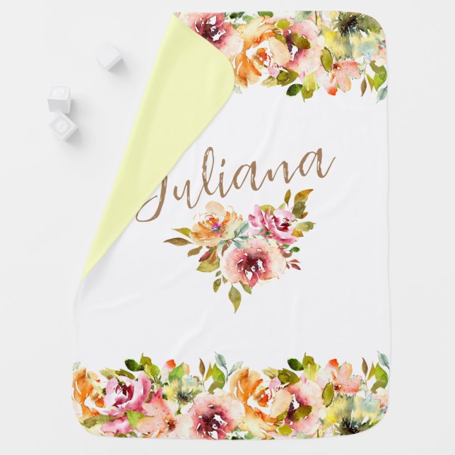 Floral Watercolor Yellow Personalized Name Baby Blanket (In Situ)