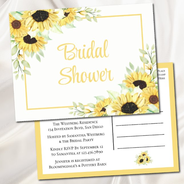 Floral Watercolor Yellow Sunflower Bridal Shower  Invitation Postcard (Creator Uploaded)