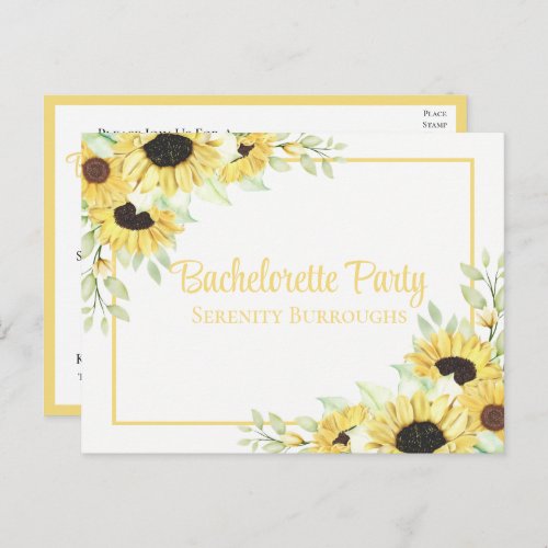 Floral Watercolor Yellow Sunflowers Bachelorette  Invitation Postcard