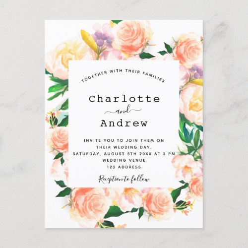 Floral watercolored white rose gold pink wedding postcard