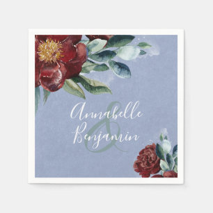 Floral Watercolors   Dusty Blue and Burgundy Red Napkins