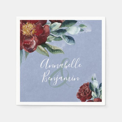 Floral Watercolors  Dusty Blue and Burgundy Red Napkins