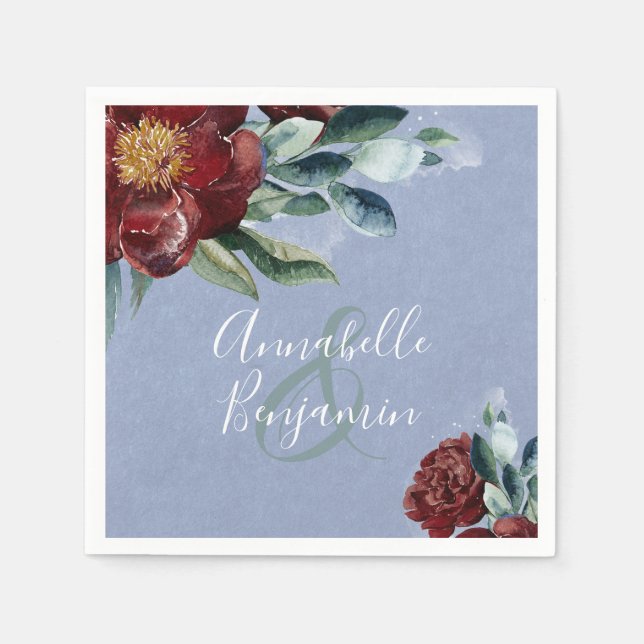 Floral Watercolors | Dusty Blue and Burgundy Red Napkins (Front)