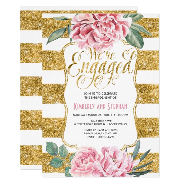 Floral Watercolors Gold Glitter Engagement Party Invitation