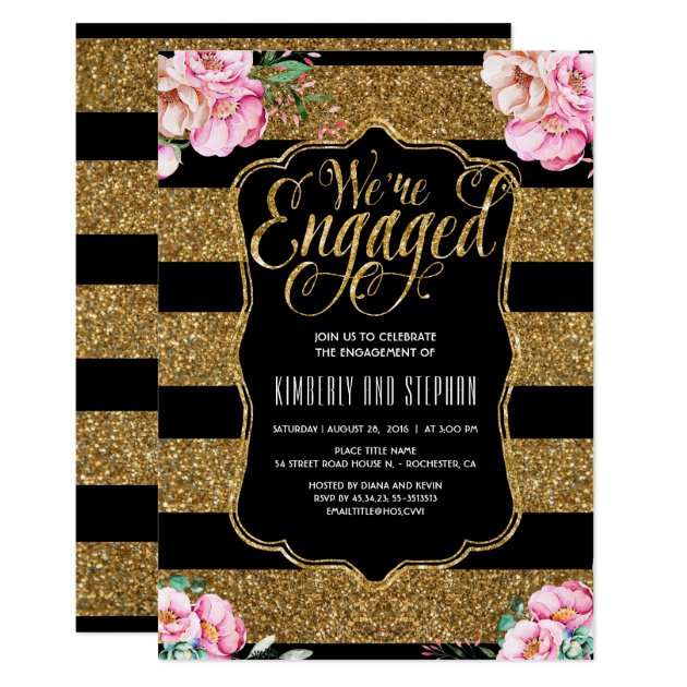 Floral Watercolors Gold Glitter Engagement Party Invitation