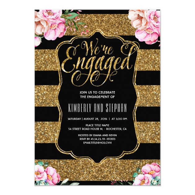 Floral Watercolors Gold Glitter Engagement Party Invitation
