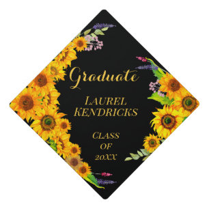 Floral Watercolors Gold Sunflowers Graduation Cap Topper