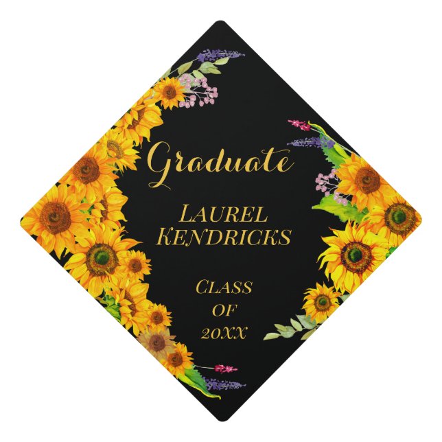 Floral Watercolors Gold Sunflowers Graduation Cap Topper (Front)