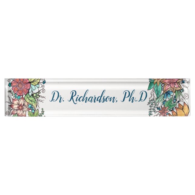 Floral watercolour art desk name plate (Front)