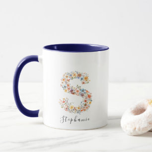 Floral Watercolour Letter S Monogram & Custom Name Mug