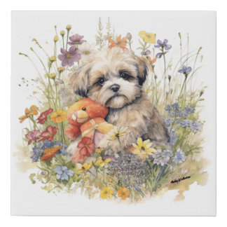 Floral Watercolour Shih Tzu hugging a Teddy Bear  Faux Canvas Print