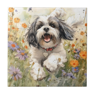 Floral Watercolour Shih Tzu running through flower Ceramic Tile