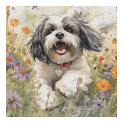 Floral Watercolour Shih Tzu running through flower Faux Canvas Print