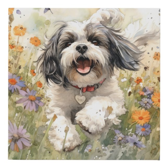 Floral Watercolour Shih Tzu running through flower Faux Canvas Print (Front)