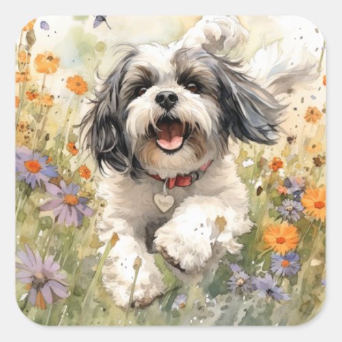 Floral Watercolour Shih Tzu running through flower Square Sticker