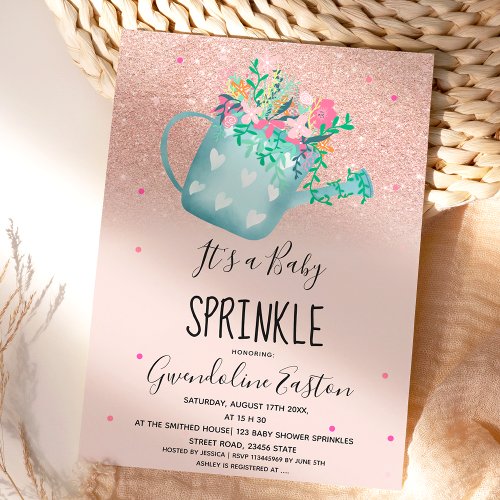 Floral watering can glitter baby sprinkle shower invitation