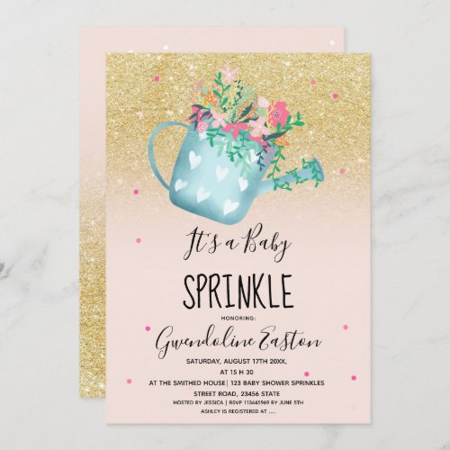 Floral watering can gold baby sprinkle shower invitation