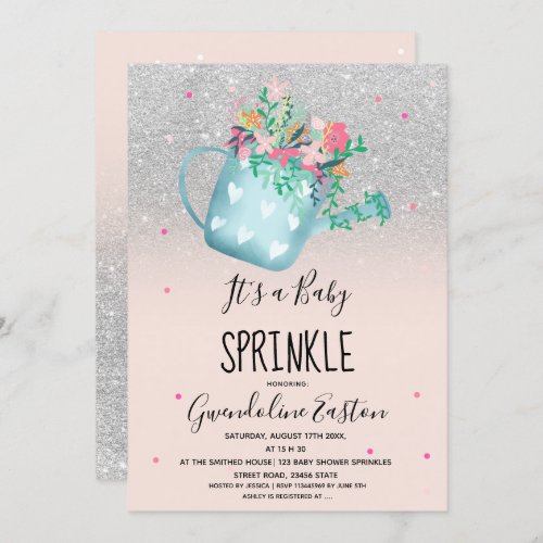 Floral watering can silver baby sprinkle shower invitation