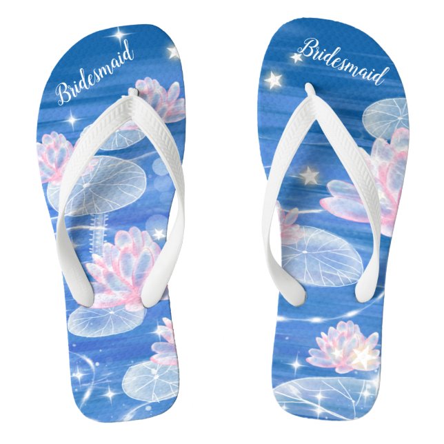 Floral Waterlily Blue White Wedding Bridesmaid Flip Flops (Footbed)