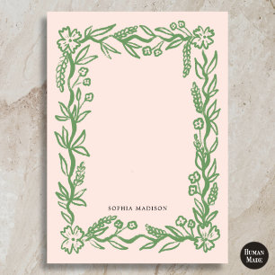 Floral Wavy Border Pink Green Note Card