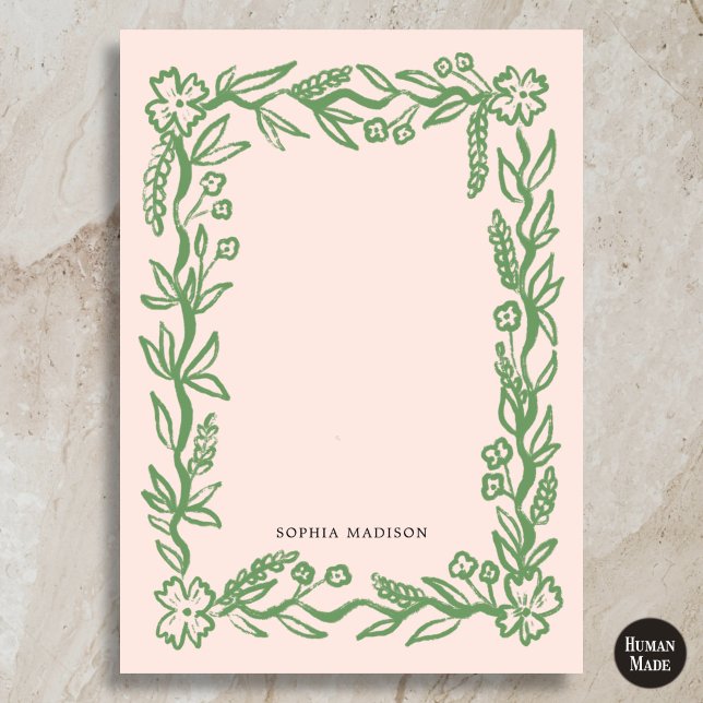 Floral Wavy Border Pink Green Note Card (Creator Uploaded)