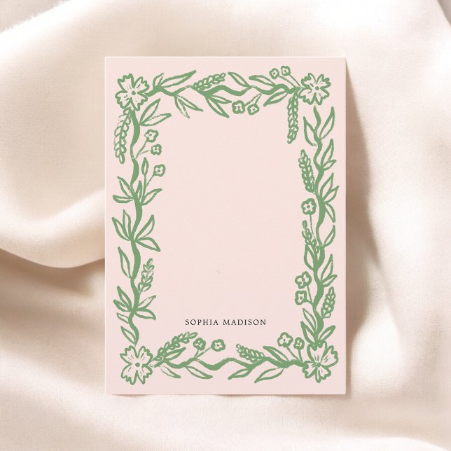 Floral Wavy Border Pink Green Note Card (Creator Uploaded)