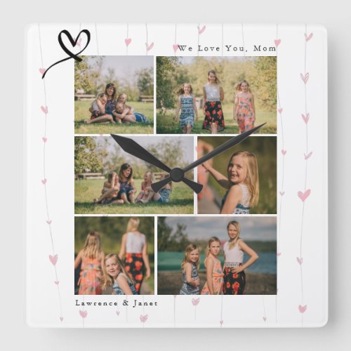 Floral We Love You Abuela Mom Family Photo Collage Square Wall Clock