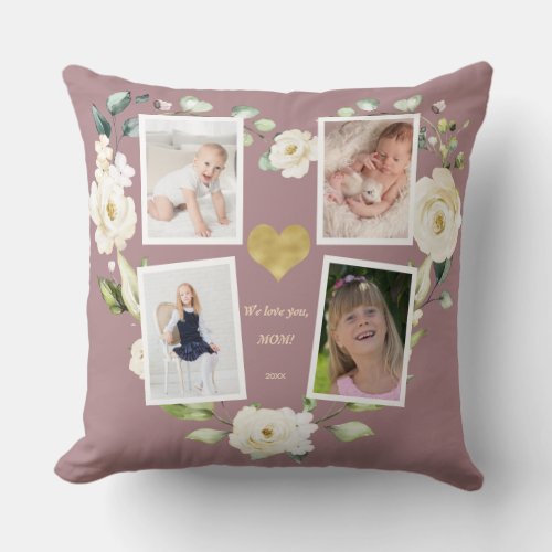 Floral We Love You MOM Photo Collage Mothers Day Throw Pillow