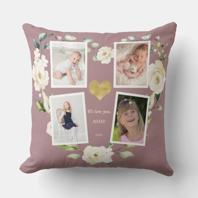 Floral We Love You MOM Photo Collage Mother's Day Throw Pillow (Front)