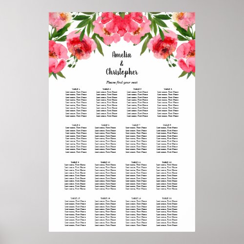 Floral Wedding 16 Table Seating Chart