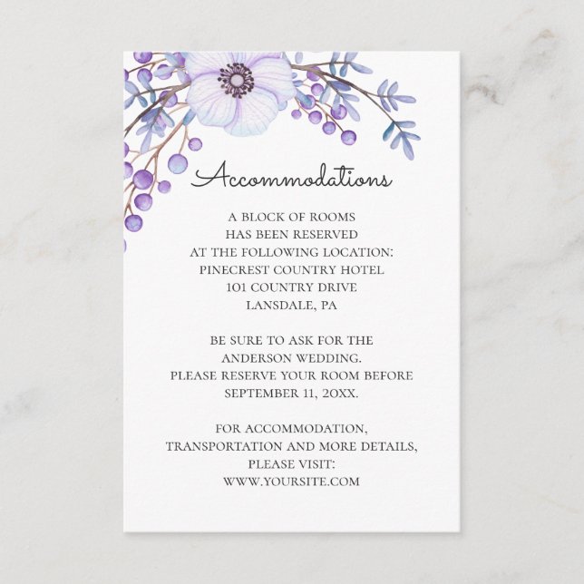 Floral wedding accommodations. Purple flowers Enclosure Card (Front)