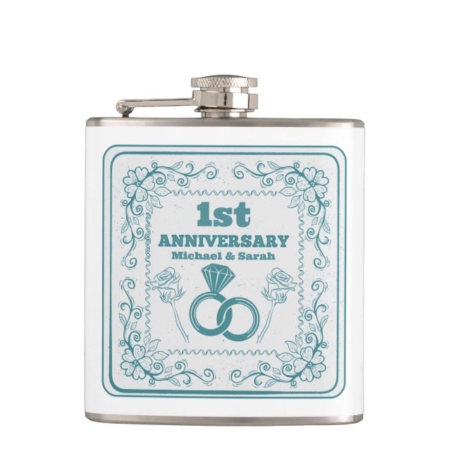 Floral wedding Anniversary Customizable year Flask (Front)